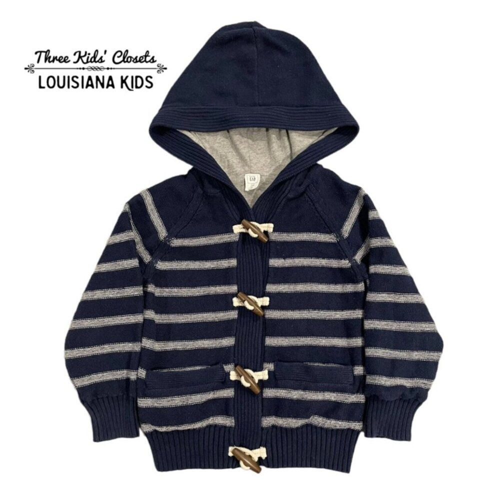 Baby Gap 4Y Navy Blue Striped Hooded Toggle Sweater